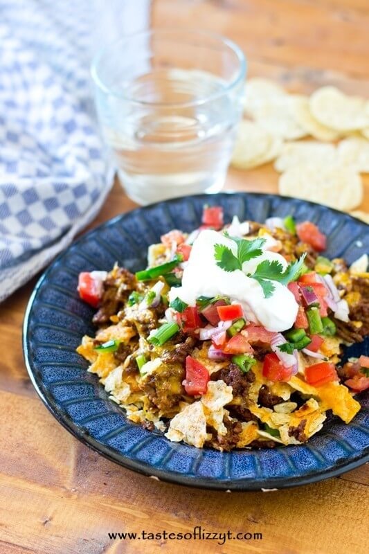 Tortilla Chip Mexican Pizza {Use leftover tortilla crumbs and ground
