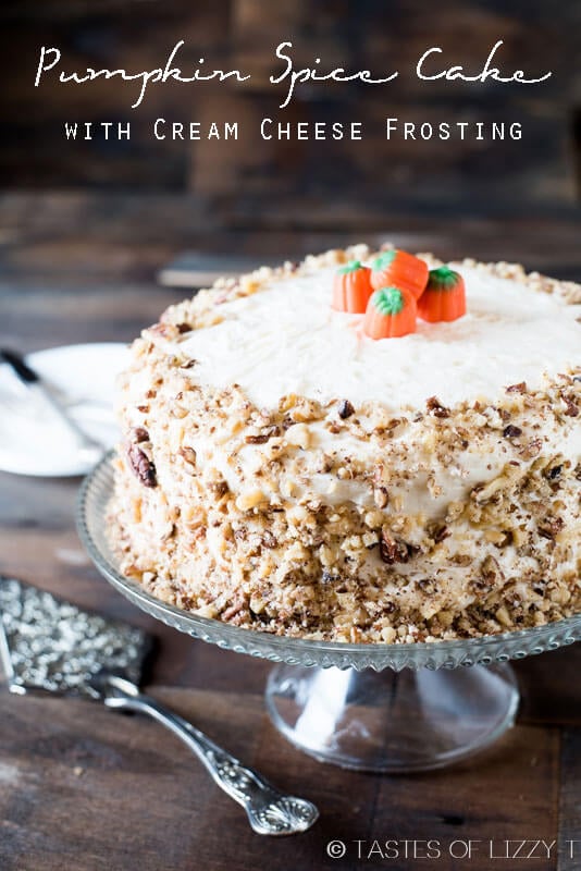 A homemade, Amish recipe for layered Pumpkin Spice Cake. Topped with cream cheese frosting and chopped nuts.