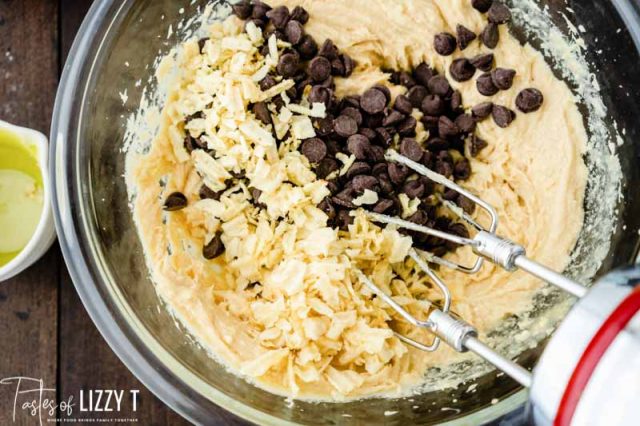potato chips and chocolate chips in a mixing bowl