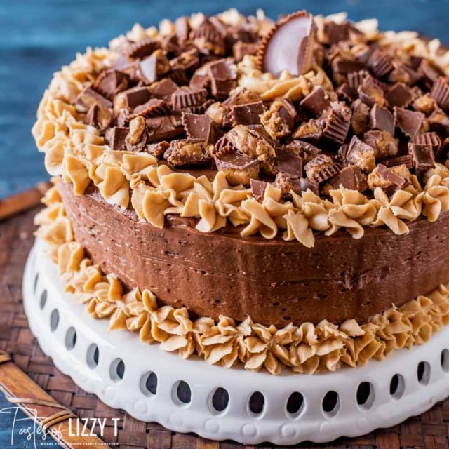 Reese's Chocolate Peanut Butter Cake on a cake plate