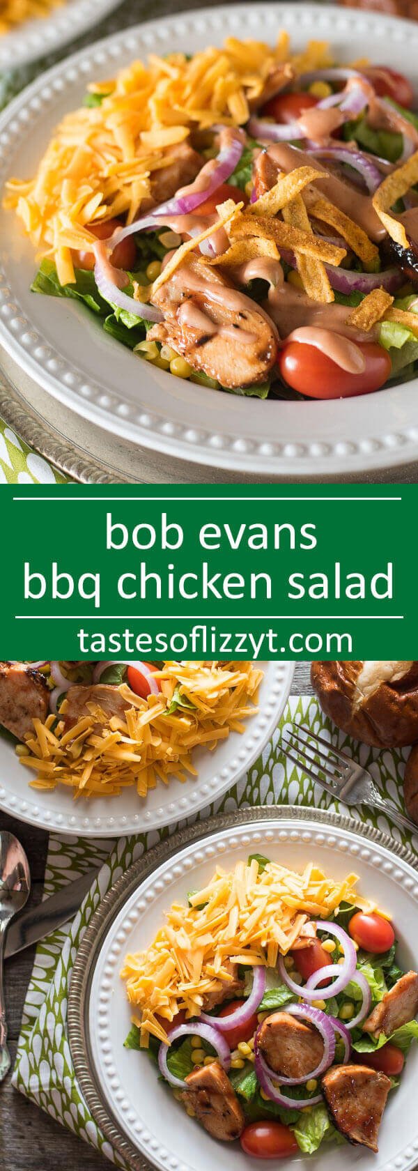 This Barbecue Chicken Salad is a copycat of Bob Evans' Wildfire Chicken Salad. Tangy barbecue chicken tops a bed of fresh veggies. Drizzle with a simple 2-ingredient barbecue ranch dressing. easy summer salad recipe / copycat recipes / chicken salad / spicy salad