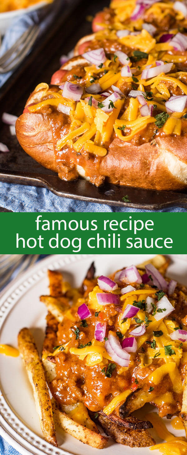 This famous Hot Dog Chili Sauce is meaty and slightly sweet chili sauce is full of flavor. Great on hot dogs, fries and as a chili base!