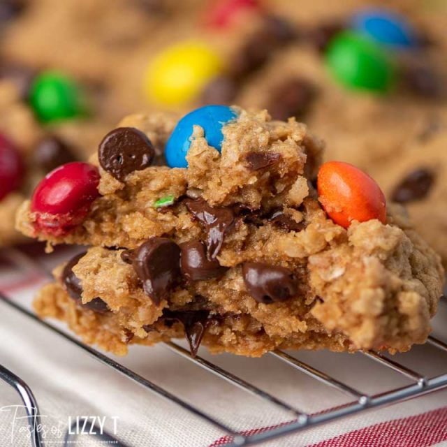 oatmeal monster cookie with melted chocolate on a wire rack