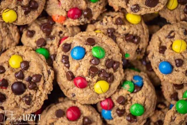 pile of chocolate m&M monster cookies