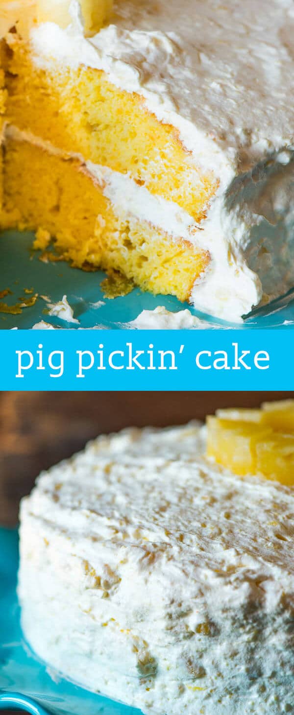 Jazz up a boxed cake mix to create a moist, fruity layer cake with an easy Cool Whip frosting! This Pig Pickin' Cake is an old fashioned recipe favorite. Mandarin Oranges keep the cake moist! Everyone LOVES this easy cake recipe and anyone can make it.