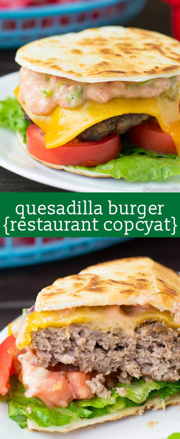Quesadilla Burger...juicy grilled burger with cheese, pico de gallo, lettuce, and sauce in a flour tortilla! Our copycat version of an Applebee's favorite! best cheeseburger recipe / unique burger recipe / fun picnic food / fresh salsa