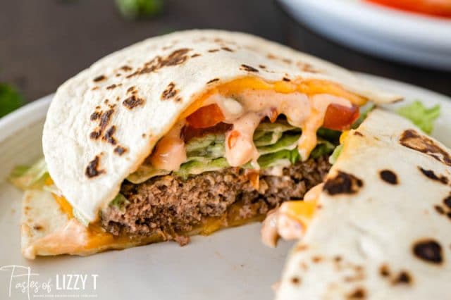 quesadilla burger cut in half