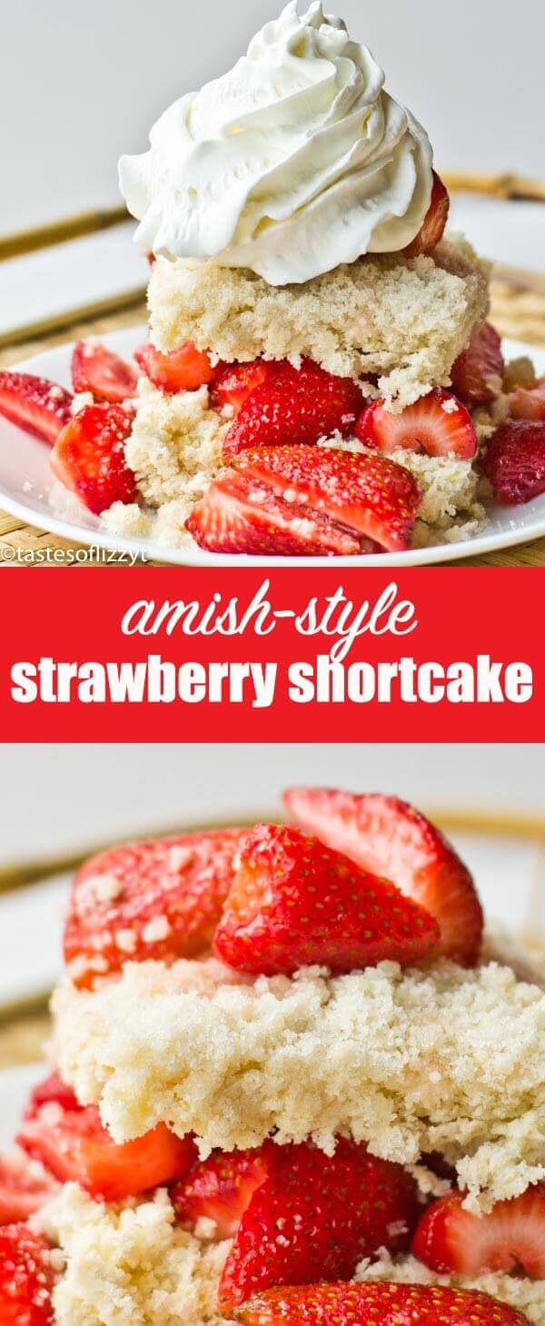 Amish Strawberry Shortcake is unique because of the streusel topping that gets baked on top of the shortcake. Amazingly good with fruit, or by itself! #shortcake #strawberries #summer #dessert #cake