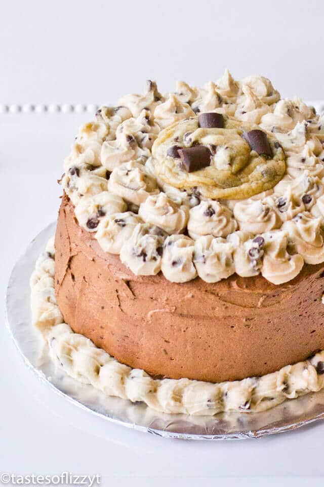 Cookie Dough Layer Cake...for that serious cookie dough lover! Chocolate cake layered with cookie dough and chocolate buttercream icing!
