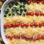 Bring this Patriotic Easy Layered Taco Dip to your next summer picnic! It’s a quick and easy side dish that you don’t have to bake. Serve with tortilla chips.