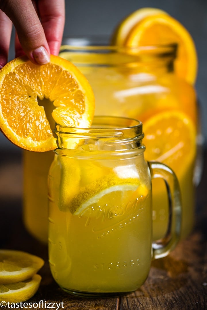 A glass of orange juice, with Lemonade