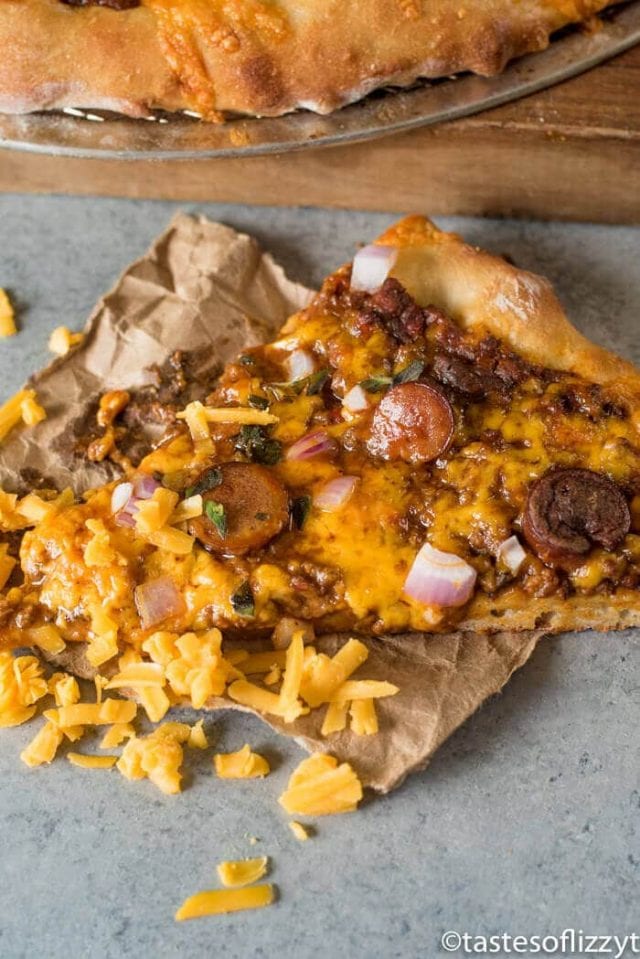 Chili Cheese Pizza with Sweet Chili Sauce, Cheese and Sliced Hot Dogs