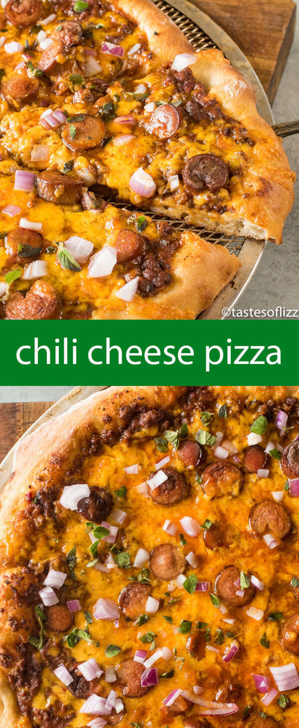 Chili Cheese Pizza with Sweet Chili Sauce, Cheese and Sliced Hot Dogs