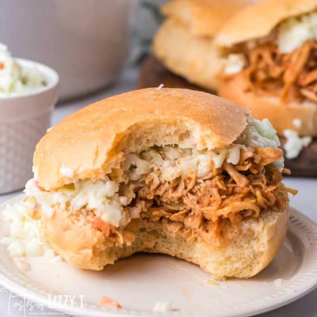 shredded barbecue chicken sandwich on a bun