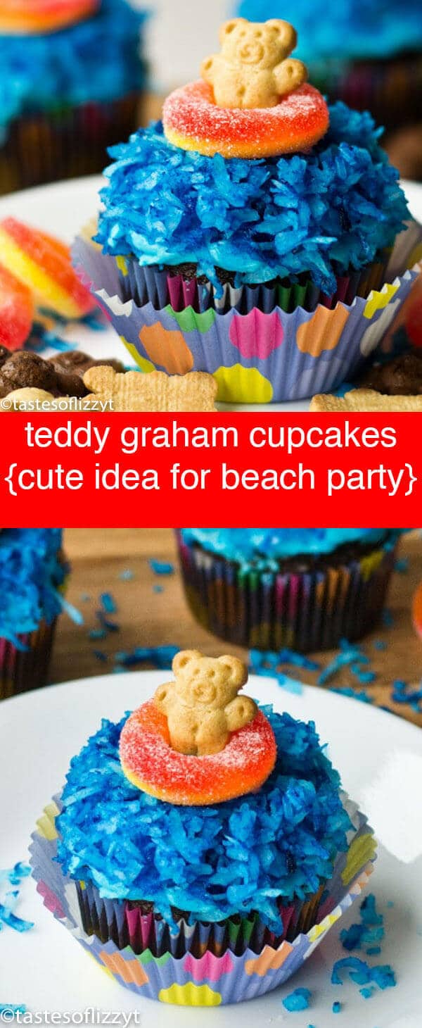 Teddy Graham Cupcakes {With Blue Water & Life Preserver Candy} Teddy Graham Cupcakes are easy to make and so cute for a beach party, summer theme! A fun, edible craft. Kids will love making them!