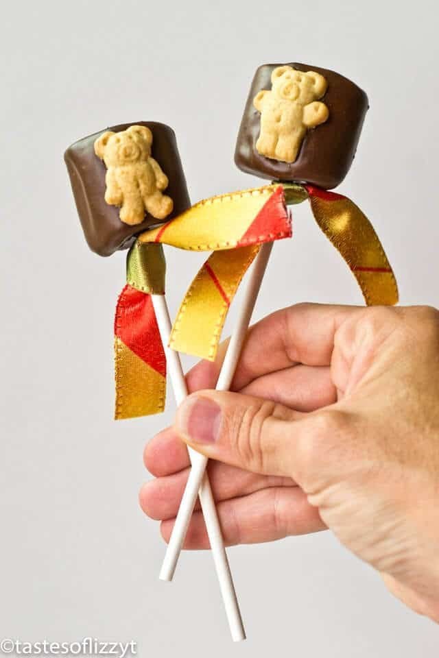 hand holding teddy graham s\'mores pops