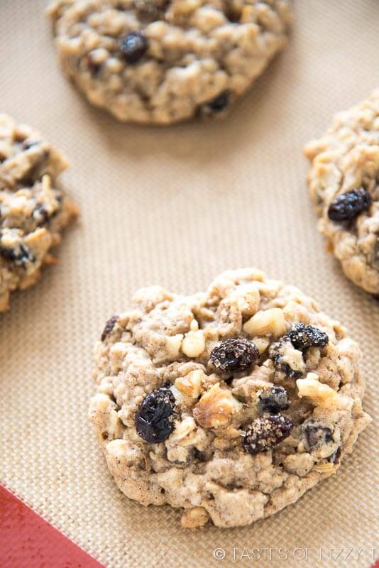 Soft, chewy, cinnamon oatmeal raisin cookies full of raisins and walnuts.