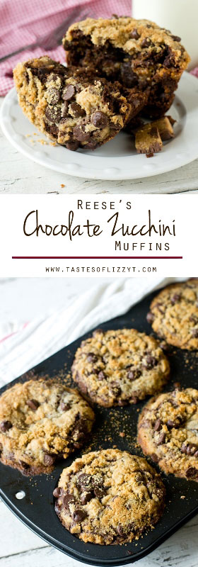 Reese's Chocolate Zucchini Muffins...Mega-sized, moist chocolate cupcakes with a peanut butter streusel layer and Reese's inside! Fun way to use zucchini / chocolate peanut butter recipe /easy mega muffin recipe / hidden veggies