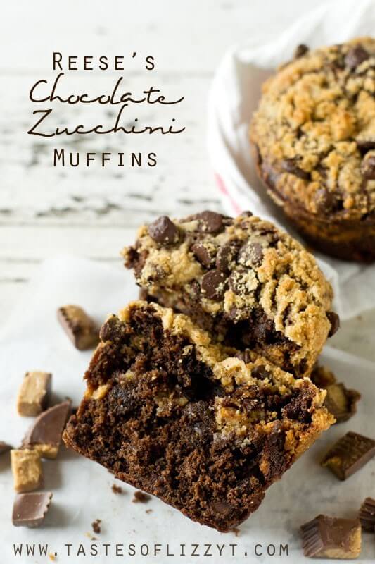 Soft, moist, fudgy bakery-style muffins are stuffed with Reese's peanut butter cups and a peanut butter streusel. These Reese's Chocolate Zucchini Muffins are the best way to eat zucchini!