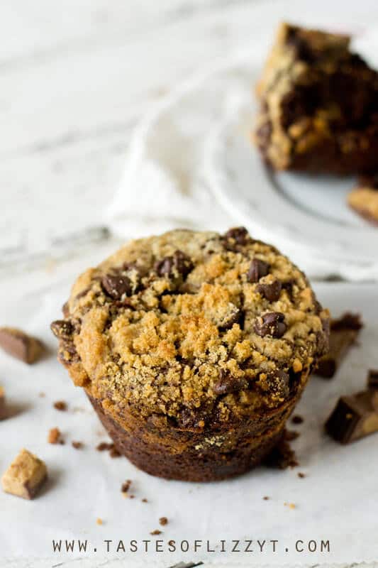 Soft, moist, fudgy bakery-style muffins are stuffed with Reese's peanut butter cups and a peanut butter streusel. These Reese's Chocolate Zucchini Muffins are the best way to eat zucchini!