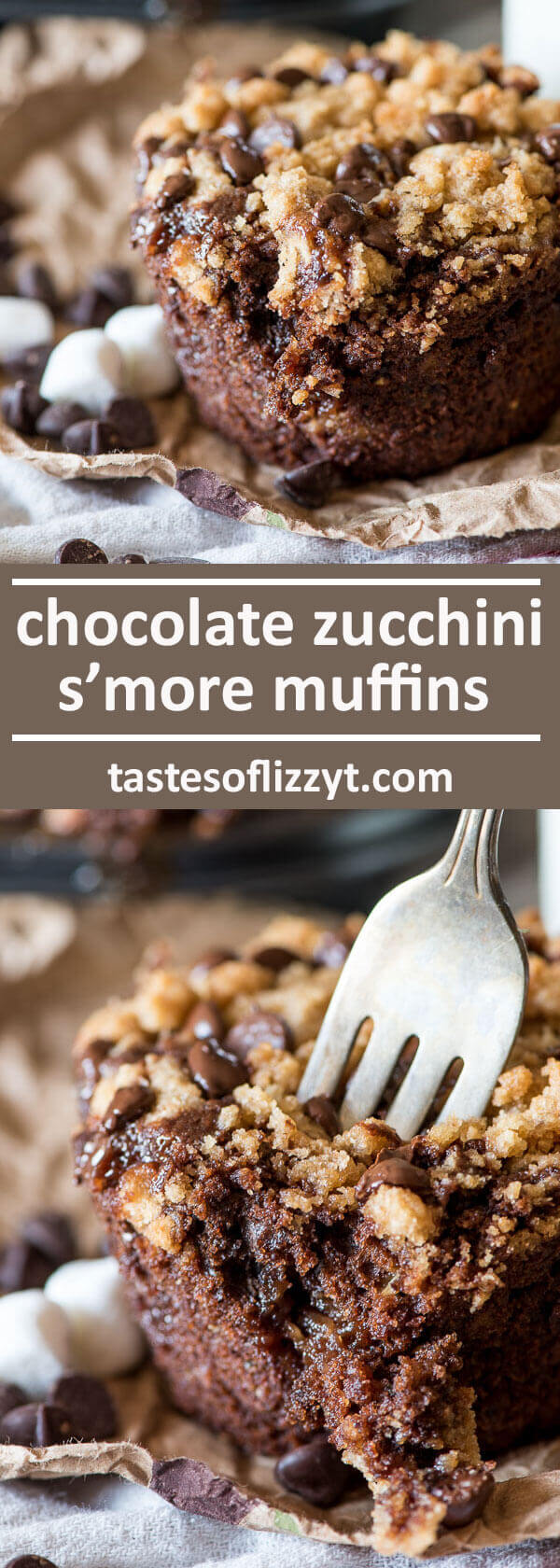 Soft, thick and rich s'more muffins are filled with chocolate, marshmallows and buttery graham cracker streusel. The secret to their moist texture is zucchini! jumbo muffins / chocolate mega muffins recipe / chocolate zucchini cupcakes