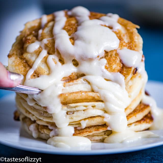 Cinnamon Roll Pancakes with cream cheese frosting