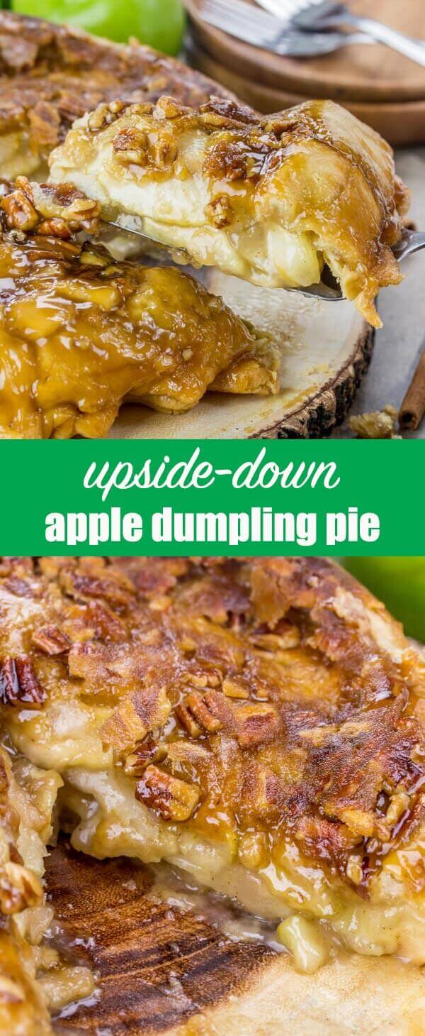 Take a pie and turn it upside down! This Upside Down Apple Dumpling Pie is loaded with apples and has a brown sugar pecan syrup baked into the crust. apple pie recipe / fall dessert recipe / thanksgiving dessert / delicious pie recipe