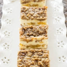Caramel apple cheesecake bars with crumb topping