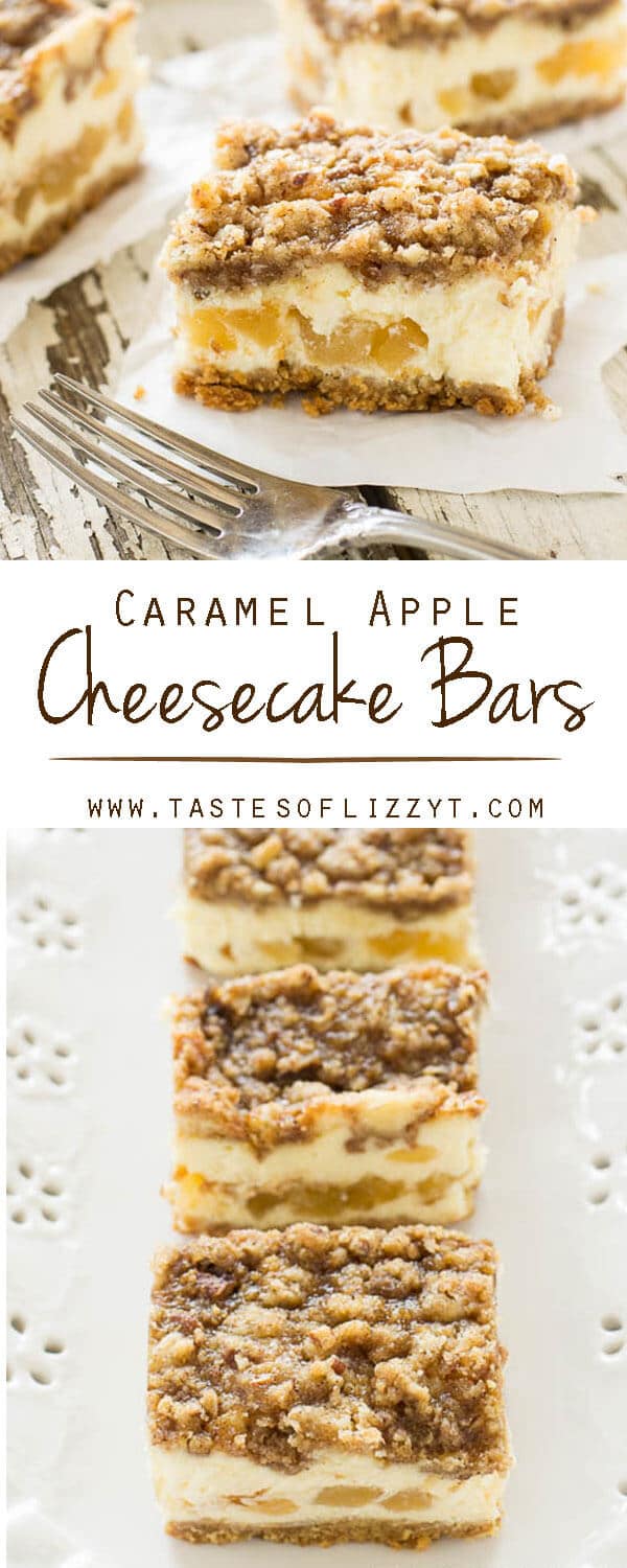caramel apple cheesecake bars / cheesecake factory copycat recipe / cheesecake dessert / cheesecake bars with streusel / streusel topping You all know how much I love cheesecake. I don't get this decadent treat very much, and I rarely make cheesecake at home. However, when we are in a city near The Cheesecake Factory? We get cheesecake as often as we can. My go-to cheesecake usually has peanut butter and chocolate in it. But lately, the flavors of fall have been enticing me. I had to try our own version of the Dutch Apple Caramel Streusel Cheesecake from the Cheesecake Factory.