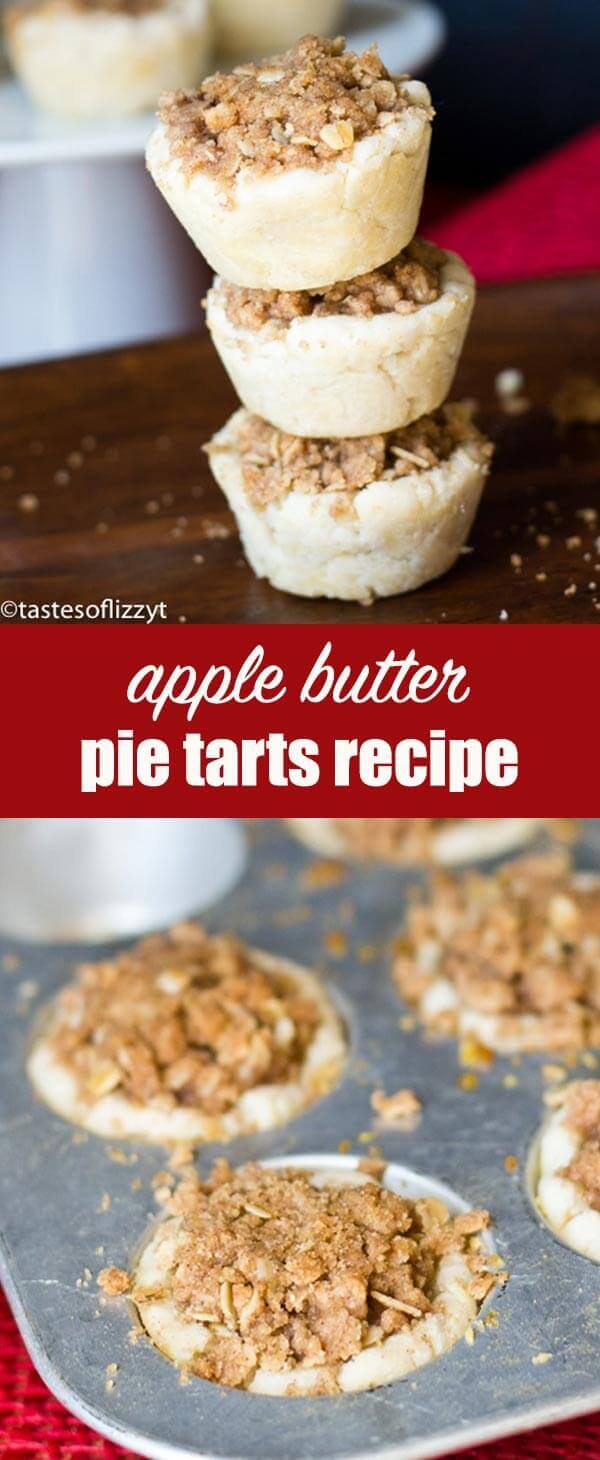 Apple Butter Pie Tarts are idea for gift giving. Perfect bite-size tarts with apple butter filling and an oatmeal streusel topping! Apple Butter Pie Tarts {Easy Bite-Size Fall Dessert Recipe}