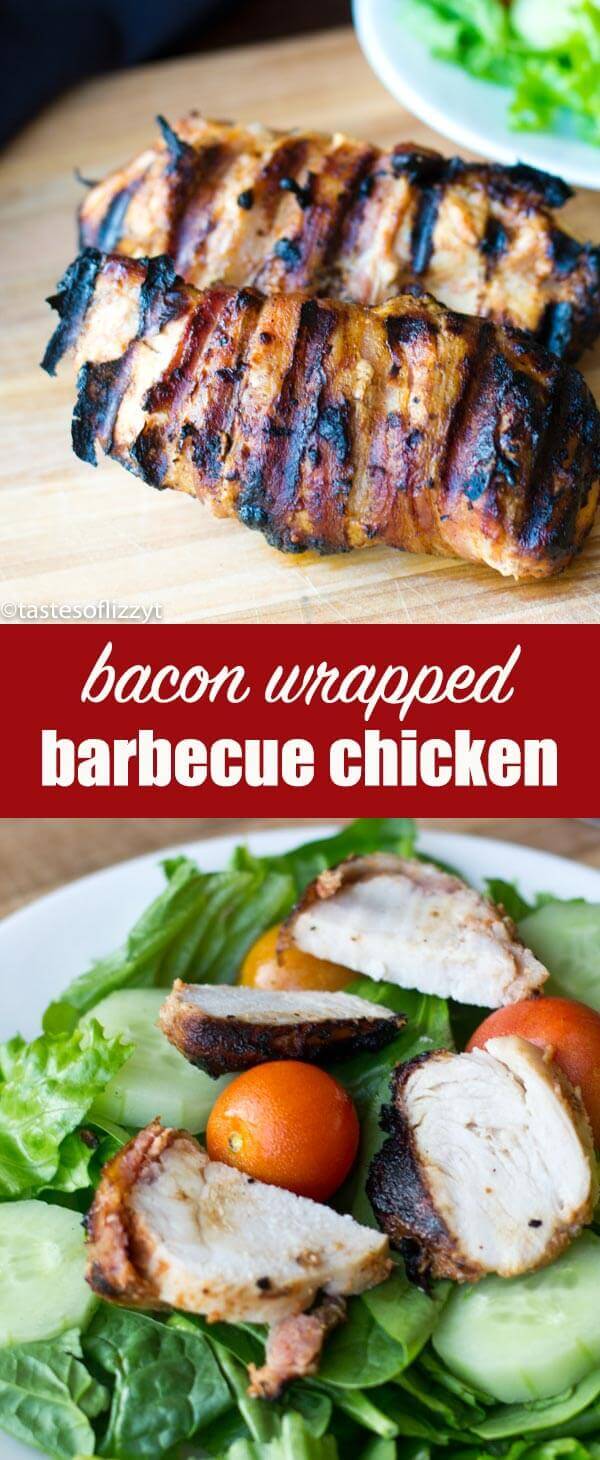 Bacon-Wrapped Barbecue Chicken: Grilled chicken marinated in barbecue sauce and wrapped in savory bacon. Fits paleo, gluten free and sugar free diets. Bacon-Wrapped Barbecue Chicken {Easy High Protein Dinner Recipe}