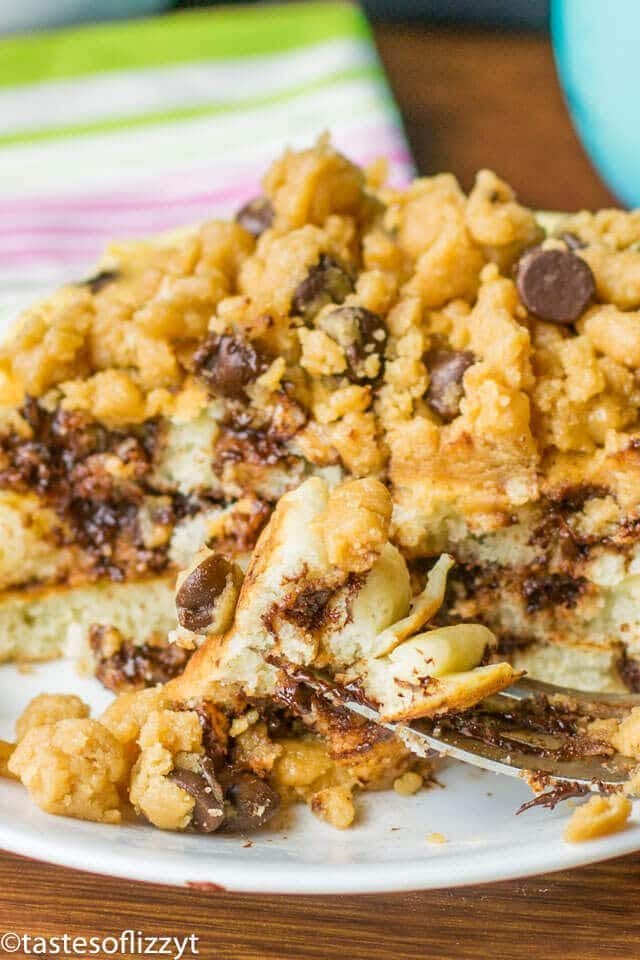 chocolate chip stuffed pancakes with peanut butter streusel on a plate
