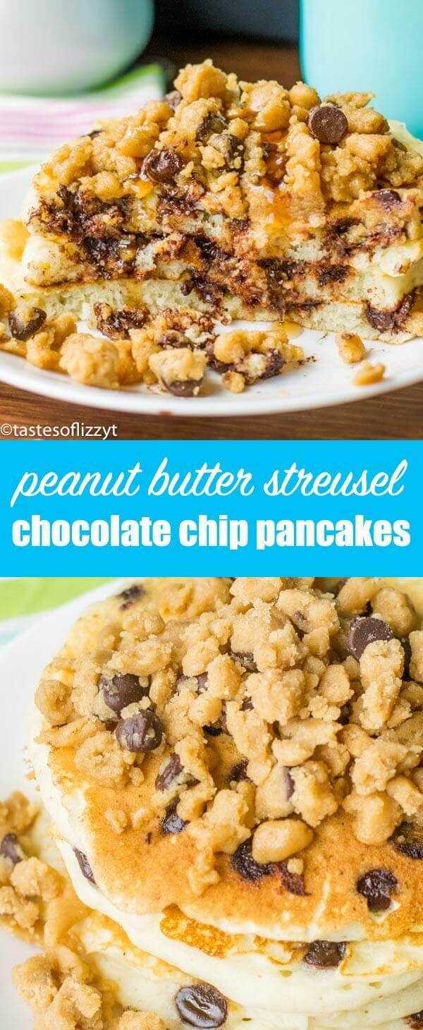 Peanut Butter Streusel Chocolate Chip Pancakes are the perfect breakfast for serious chocolate and peanut butter lovers! The best soft, fluffy, pancake recipe. homemade pancakes with streusel / unique pancake recipe / reeses pancakes