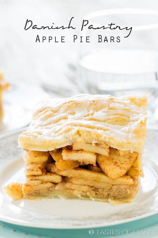 Homemade danish pastry with loads of apples baked inside. The almond glaze is a must on these apple pie bars. titled image (and shown): Danish Pastry Apple Pie Bars