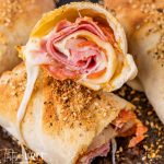 close up of meat stromboli cut in half