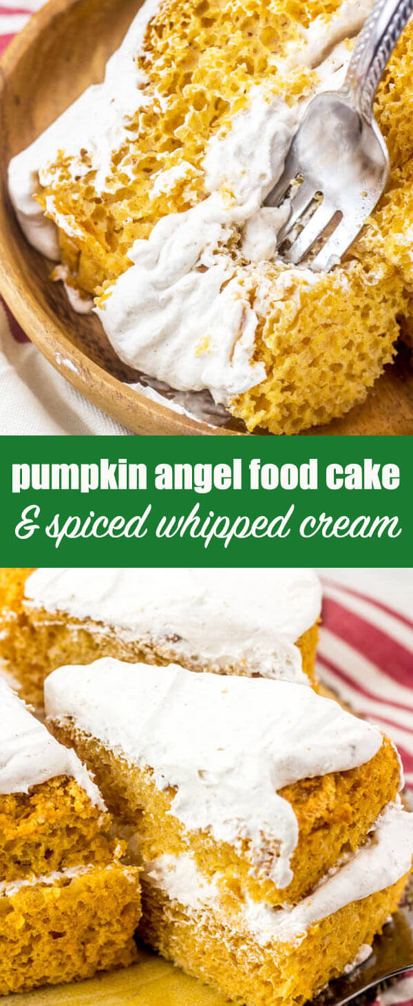 This pumpkin angel food cake has a lightly spiced whipped cream frosting that complements it perfectly. An easy Thanksgiving dessert recipe. Pumpkin Angel Food Cake Recipe {with Spiced Whipped Cream Topping} #thanksgiving #pumpkin #angelfood
