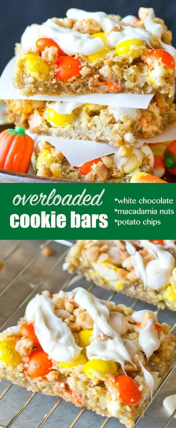 White Chocolate M&M Cookie Bars are chock full of potato chips in the crust, macadamia nuts, Candy Corn M&M's and white chocolate drizzle! White Chocolate M&M Cookie Bars with Potato Chips