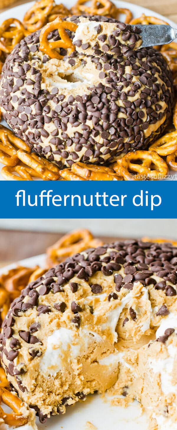 fluffernutter dip / dessert dip recipe / peanut butter / marshmallow fluff / party food / chocolate chips / pretzels / easy dessert
