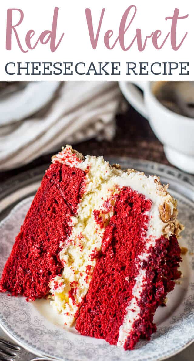 This triple layer red velvet cheesecake starts with a simple boxed cake mix and has a cheesecake layer in the middle. Mouth-watering cream cheese frosting covers the outside.