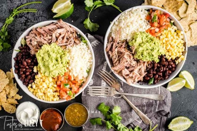 A bowl filled with different types of food, with Pork and Carnitas