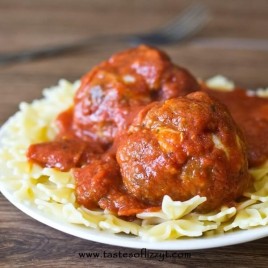Pepperoni Pizza Meatballs on a plate with pasta