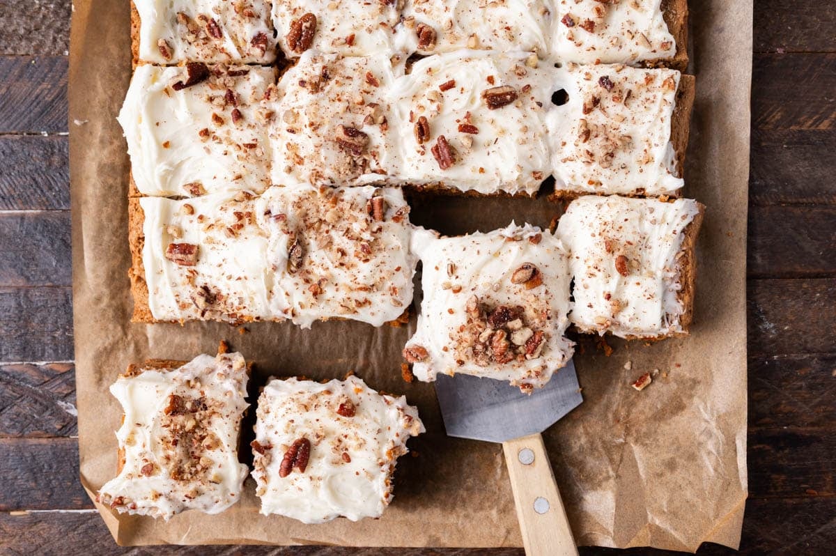 overhead view of carrot cake bars on a table