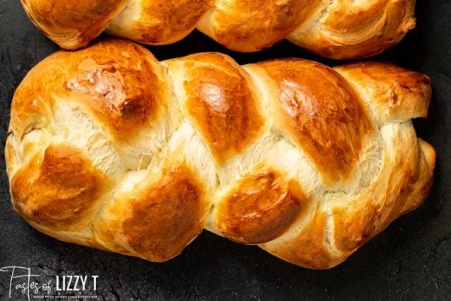A close up of braided egg twist bread
