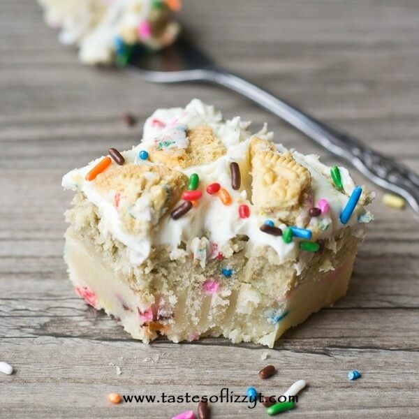 Birthday Cake Truffle Bars with bite out of it