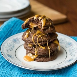 stack of Double Chocolate Caramel Cookies on a plate