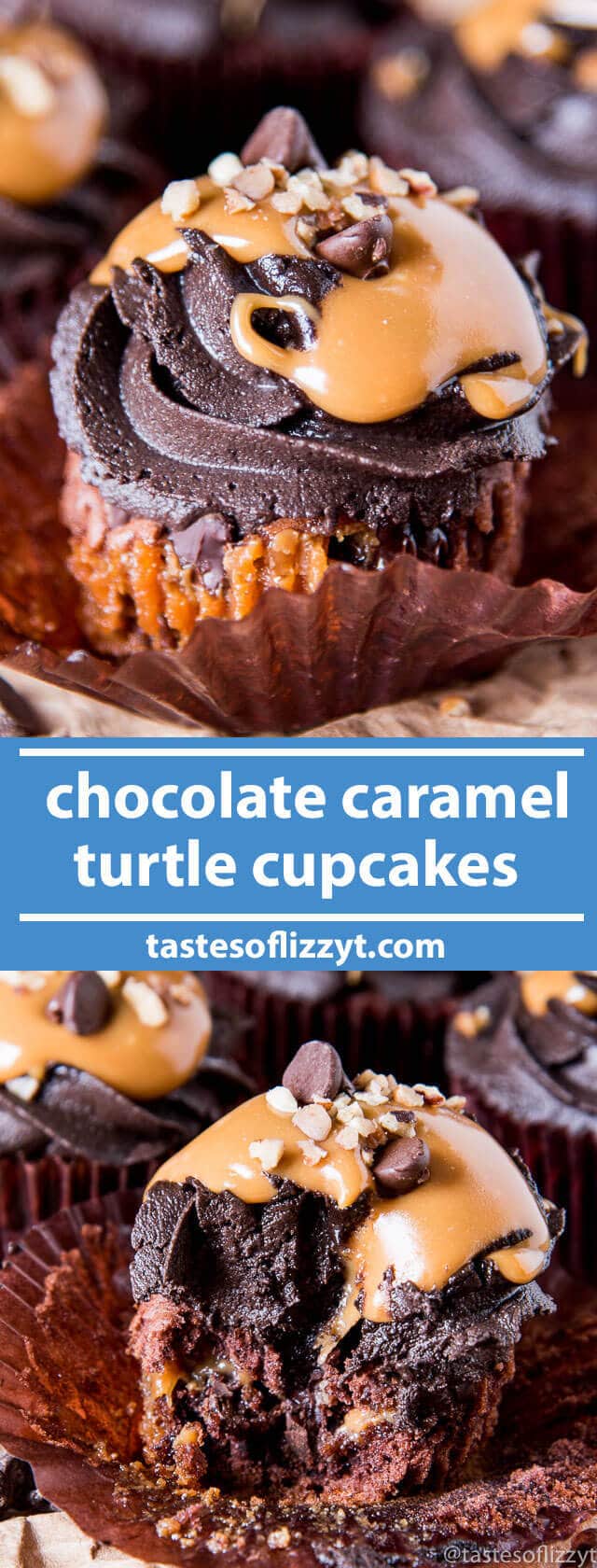Chocolate Caramel Turtle Cupcakes have creamy caramel, chocolate chips and pecans on the inside and are topped with chocolate buttercream. They have an unbeatable fudgy, brownie-like flavor and texture. easy cupcake recipe / caramel cupcakes / semi-homemade cupcake recipe