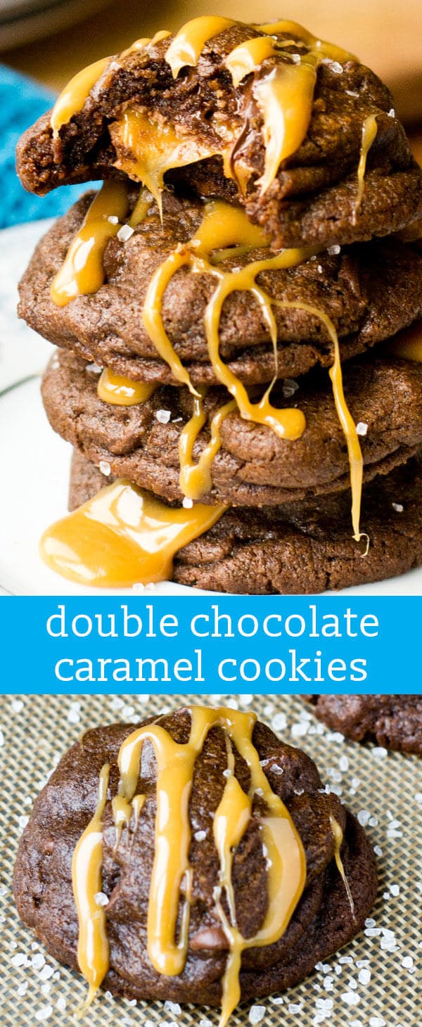 Chocolate cookie dough full of chocolate chips wrapped around a caramel candy. Drizzle with melted caramel and sprinkle with sea salt.