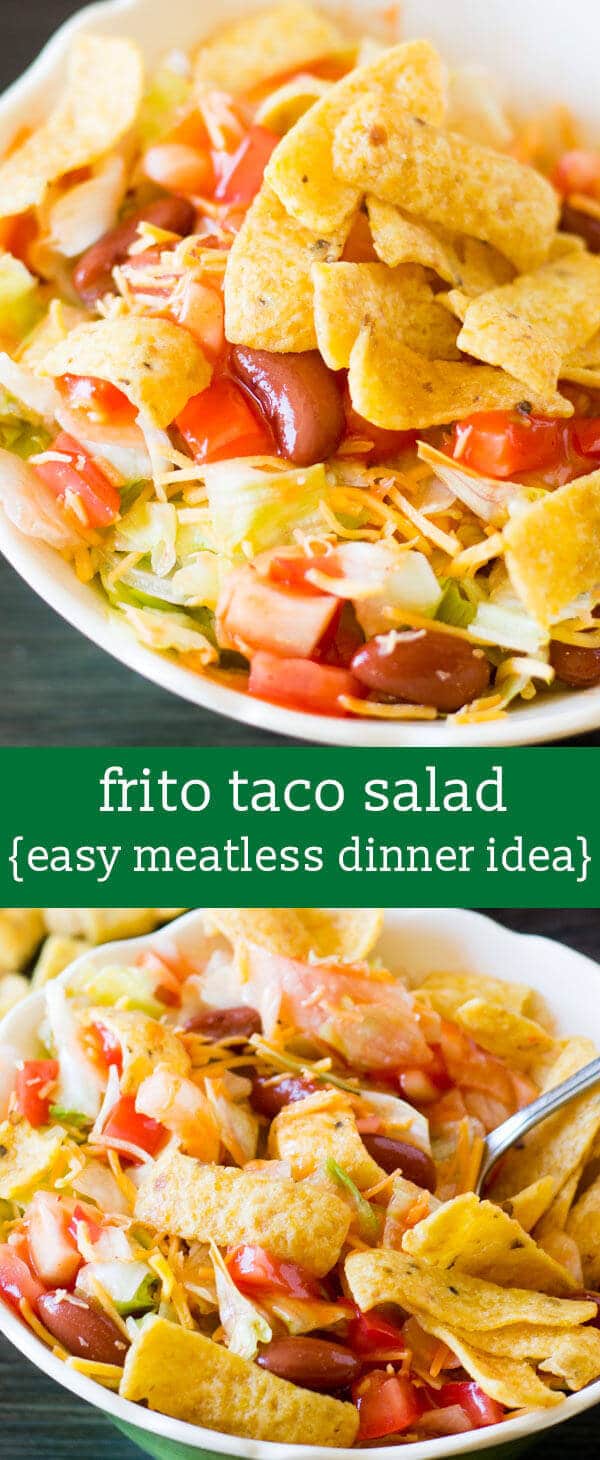 This vegetarian Frito Taco Salad comes together quickly. It's full of tomatoes, onions, cheese, lettuce and beans and has crunchy Fritos mixed in! Great Meatless Monday recipe for the family.