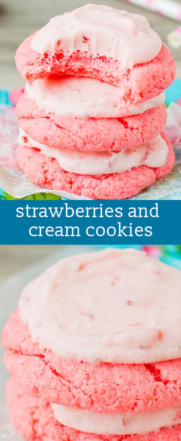 Strawberries and Cream Cookies Recipe {Easy Box Cake Mix Cookies} easy cookie recipe / box cake mix cookies / strawberry milkshake frosting