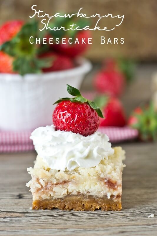 Strawberry Shortcake Cheesecake Bars. Golden Oreo crust, strawberries swirled in the cheesecake and an amazing streusel on top. Serve with strawberries and whipped cream!